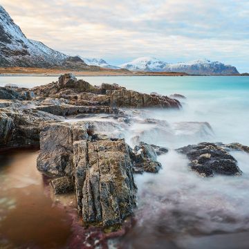 Skagsanden beach, Cliff, Rocks, Ocean blue, Sky view, Clouds, Snow mountains, Lofoten islands, Seascape, 5K