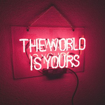 The World is Yours, Neon light, Red background, Neon sign, Glowing
