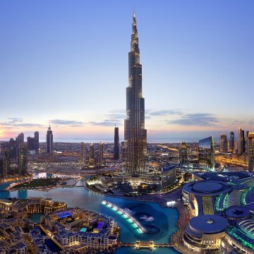 Burj Khalifa, Panorama, Dubai, Cityscape, Skyscrapers, Dusk, Sunset, Aerial view, City lights, Modern architecture