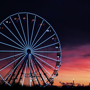 Ferris wheel, Silhouette, Sunset, Neon Lights, Amusement park, Purple sky, Dark background, 5K, Dark aesthetic