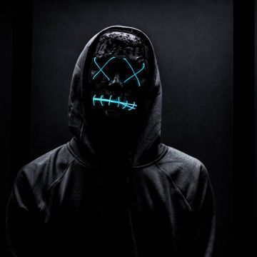 Neon Mask, Man in Black, Dark background, Hoodie, Blue light, 5K