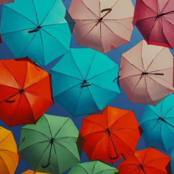 Umbrellas, Multicolor, Colorful, Vibrant, Sky view, Aesthetic, 5K