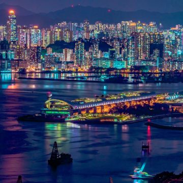 Hong Kong City, Aesthetic, Cityscape, Nightlife, Skyscrapers, Waterfront, Reflections, River, Night time, 5K