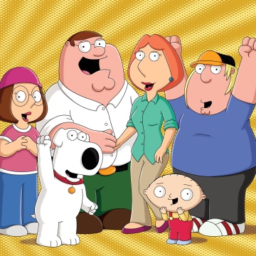 Family Guy, Character poster, Peter Griffin, Lois Griffin, Stewie Griffin, Brian Griffin, Meg Griffin, Chris Griffin, Cartoon, Yellow background, 5K