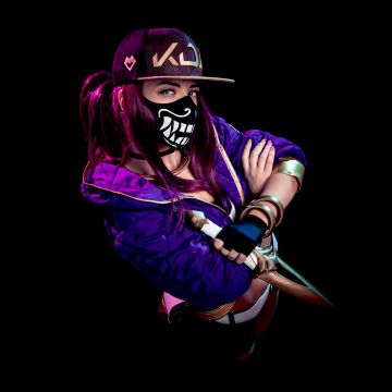 KDA Akali, AMOLED, League of Legends, Cosplay, Black background, Neon, 5K