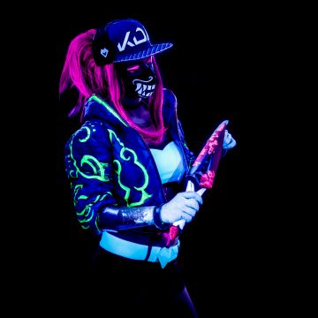 KDA Akali, Neon, League of Legends, Cosplay, Black background, 5K