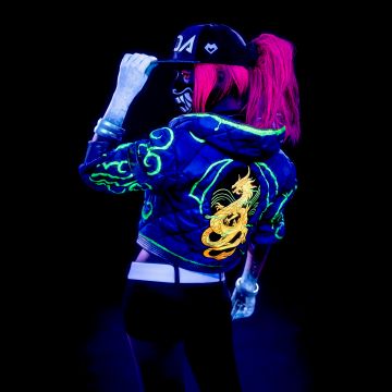 KDA Akali, 5K, Neon, AMOLED, League of Legends, Cosplay, Black background