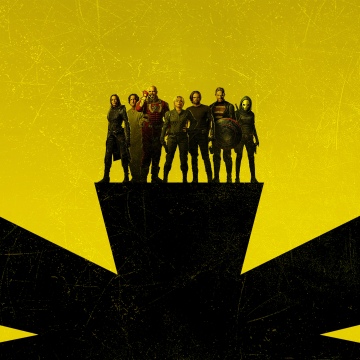 Thunderbolts, Team, 8K, Movie poster, 5K, Marvel Comics, 2025 Movies, Black Widow, Bucky Barnes, Taskmaster, Red Guardian, Marvel Superheroes, Florence Pugh, Yelena Belova, Yellow background