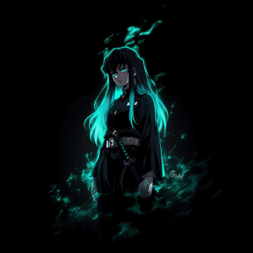 Muichiro Tokito, Neon glow, Dark aesthetic, 5K, Black background, Demon Slayer: Kimetsu no Yaiba