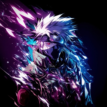 Kakashi Hatake, Vibrant, AI art, Naruto, Neon glow, 5K, Black background, AMOLED, Sharingan eye
