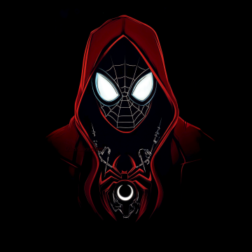 Miles Morales, Red Hoodie, Spider-Verse, Neon, Dark aesthetic, 5K, Black background, AMOLED