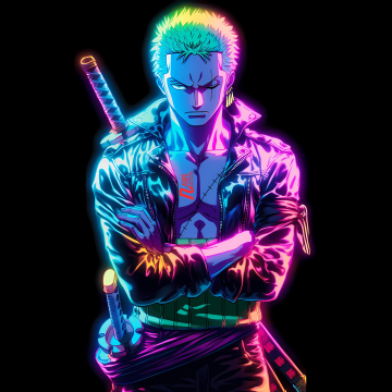 Roronoa Zoro, Neon glow, One Piece, Black background, AMOLED, 5K, Neon art