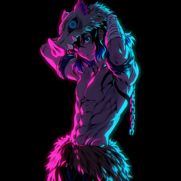 Inosuke Hashibira, Neon glow, AMOLED, Black background, 5K, Neon pink, Demon Slayer: Kimetsu no Yaiba