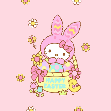Hello Kitty, Easter bunny, Happy Easter, Pink background, 5K
