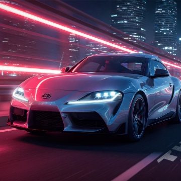 Toyota Supra GT, Neon, Neon Lights, 5K, City night, Long exposure