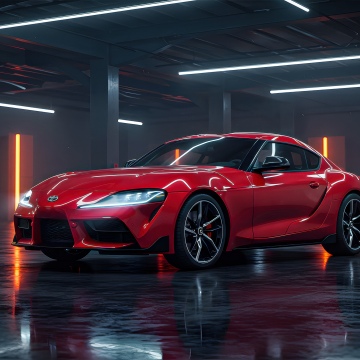 Toyota GR Supra, Red aesthetic, Neon Lights, 5K, Reflections