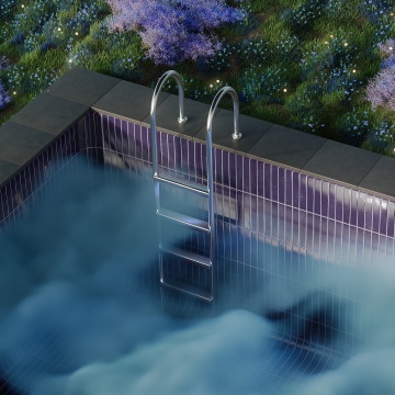 Misty, Swimming Pool, Outdoor, 5K, Green Grass, Smoke, Garden, Purple Flowers, Surrealism, Night