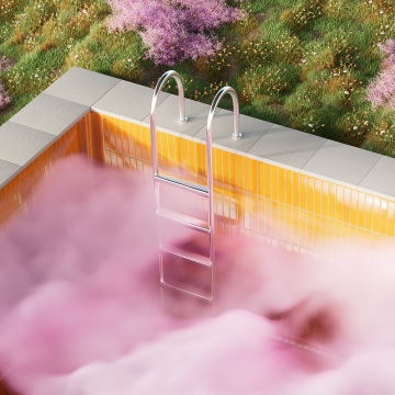 Surreal, Aesthetic pool, Purple Flowers, Outdoor, Pink aesthetic, 5K, Green Grass, Smoke
