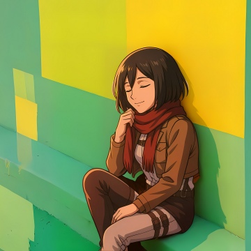 Mikasa Ackerman, 8K, Attack on Titan, Anime girl, Red scarf, Peaceful, Geometric, Yellow and green