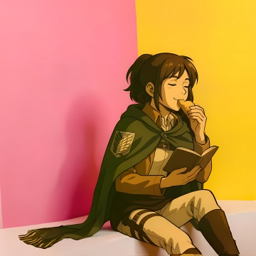 Sasha Braus, 8K, Attack on Titan, Anime girl, Eating, Reading book, Relaxing, Colorful background, 5K