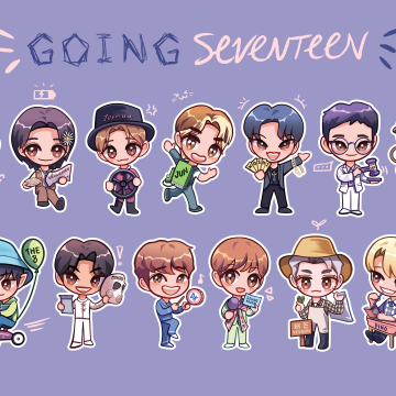 SEVENTEEN, Chibi, 5K, K-pop group, Blue background, Fan Art