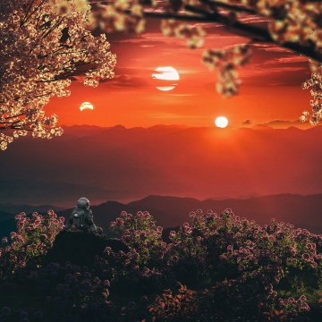 Astronaut, Sunset, Exoplanet, Cherry Blossom Trees, Mountains, Digital art, Relaxing, Dreamlike