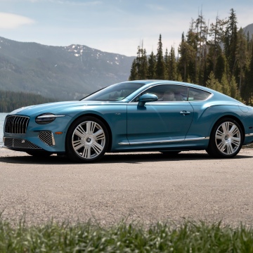 Bentley Continental GT Azure, Hybrid cars, Blue car, Mountain lake, 5K, 8K