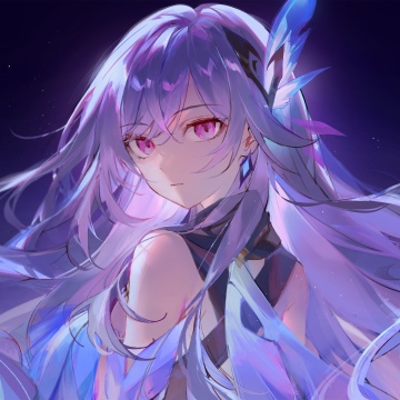 Genshin Impact, Skirk, Anime girl, Purple hair, Purple eyes, Stars, Ethereal