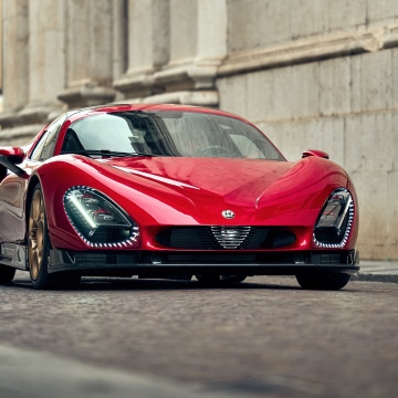Alfa Romeo 33 Stradale, Supercar, Red cars, Cobblestone street, 5K