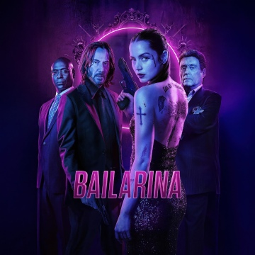 Ballerina, John Wick, Keanu Reeves, Ana de Armas, Movie poster, Action movies, Neon light, Neon purple, Tattoo, 5K, Dark background, Keanu Reeves as John Wick