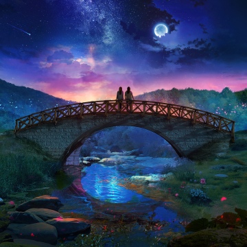 Couple, Fantasy landscape, Night sky, Milky Way, Bridge, River, Glowing elements