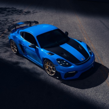 Porsche 718 Cayman GT4 RS, 8K, Blue car, Sports cars, Racing stripes, 5K