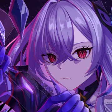Skirk, Genshin Impact, Anime warrior, Purple hair, Red eyes, Crystals, Dark background, Illustration