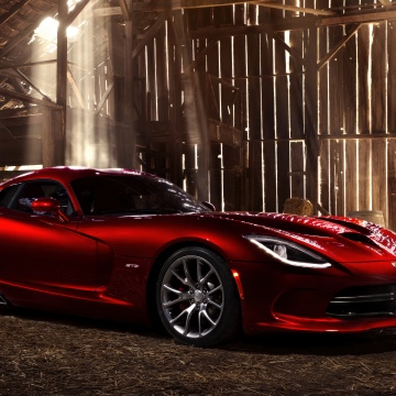 Dodge Viper SRT GTS, 5K, Sports car, Red cars, Barn, Sunlight