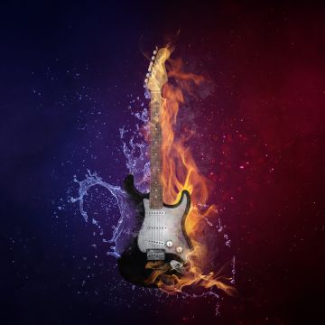 Electric Guitar, Instrument, Dark background, Fire, Water, Purple, Violet, 5K