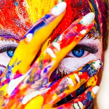 Coloured Face, Girl, Multicolor, Colorful, Blue eyes, Paint, Creative, 5K