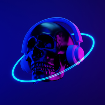 Dubstep, Skull, Headphones, Neon art, Synthwave, 5K, Dark blue
