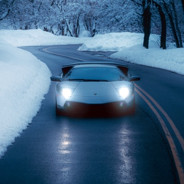 Lamborghini Murcielago, Winter Road, Snowy road, Sports cars, Headlights, Blue aesthetic, 5K