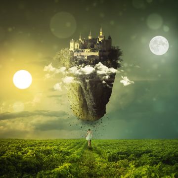 Sun, Moon, Girl, Clouds, Mystic, Green landscape, Dream, Castle, Sky view, 5K