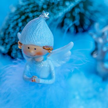Blue Angel, Christmas decoration, Wings, Cap, Cute figure, Blue background