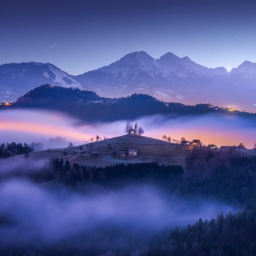 Slovenia, Hilltop, Foggy night, Landscape, Mountains, Church, Twilight, Star Trails, Mystical