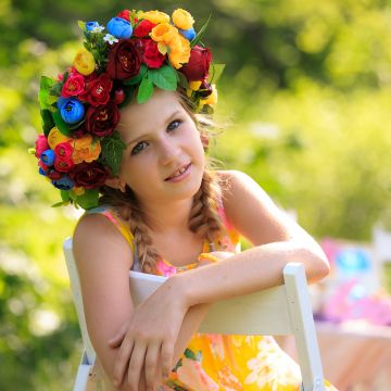 Smiling girl, Flower Wreath, Portrait, Green background, Cute Girl, Chair, Kid, Sunny day, 5K, Pretty