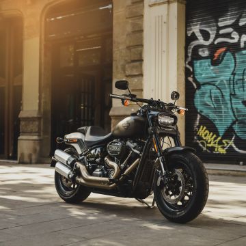 Harley-Davidson Fat Bob, Grey Motorcycle, Sun light, Daytime, 5K, 8K