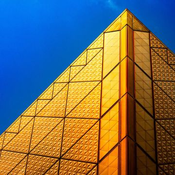 Pyramid Structure, Golden, Blue Sky, Modern architecture, 5K, 8K