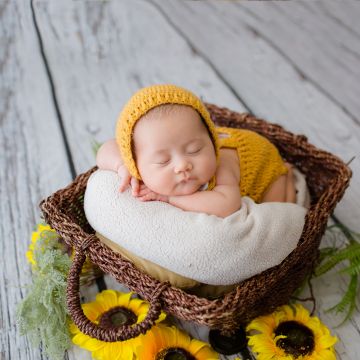 Newborn, Crochet baby costume, Yellow Dress, Sleeping baby, Basket, Sunflowers, Wooden Floor, Cute Baby, Green leaves, 5K