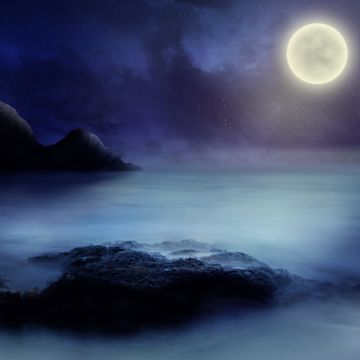Full moon, Starry sky, Sea, Rocks, Night, Dark background, 5K