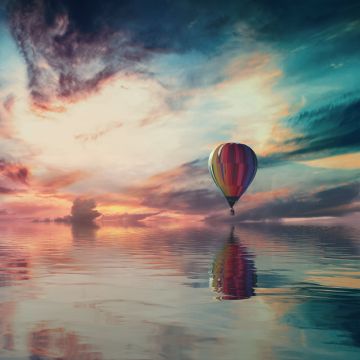 Hot air balloon, Multicolor, Colorful Sky, Water, Reflection, Clouds, Sky view, Aesthetic, 5K, 8K