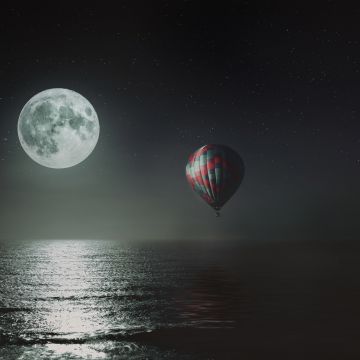 Hot air balloon, Night, Full moon, Dark background, Sea, Stars, 5K, 8K