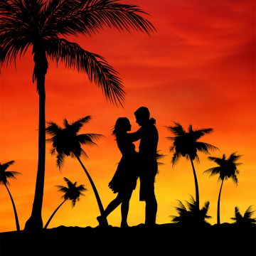 Couple, Palm trees, Orange sky, Sunset, Silhouette, Romance, Aesthetic, 5K