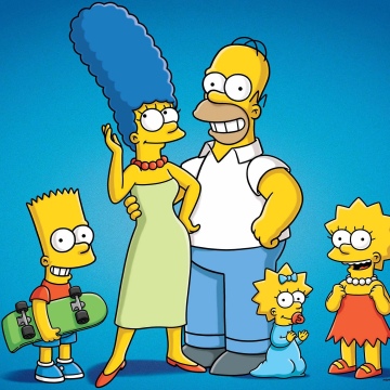 The Simpsons, Blue background, 5K, Homer Simpson, Marge Simpson, Bart Simpson, Lisa Simpson, Simpson family, Cartoon